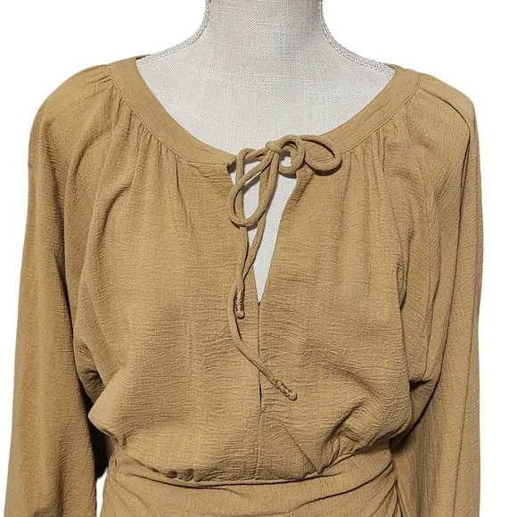 FREE PEOPLE The Only One Mini Dress Womens Small Tan Long Sleeve Ruched Tie Boho - Picture 3 of 16